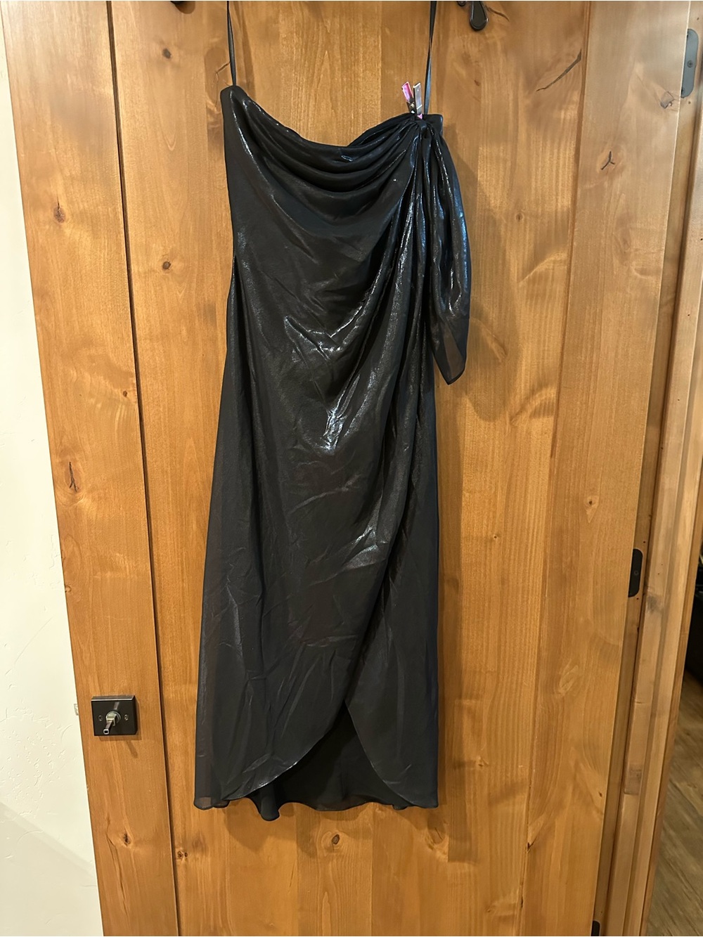 Halston Heritage Black Liquid Metal Strapless Draped Evening Dress